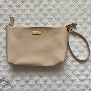 bebe Beige Faux Leather Clutch Pouch Wristlet Adjustable Strap Gold Tone Accents